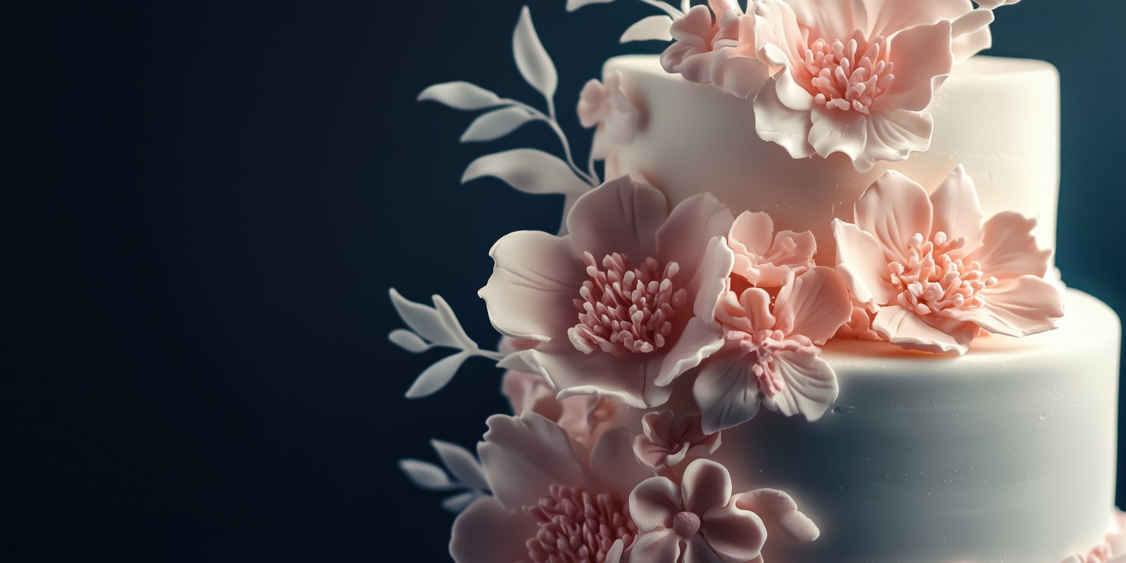 Elegant three-tier cake adorned with delicate floral decorations for a special celebration in a dimly lit setting